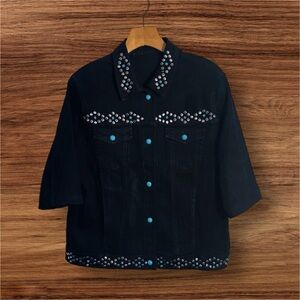 DG2 Diane Gilman Jean Jacket Women XL 3/4 Slv Studded Turquoise Rhinestone Black